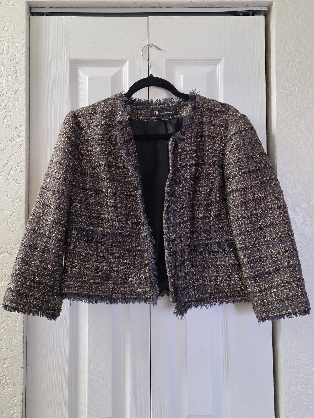 INC International Concepts Gray Gold Tweed Jacket Fringe Lined Pockets Womens L